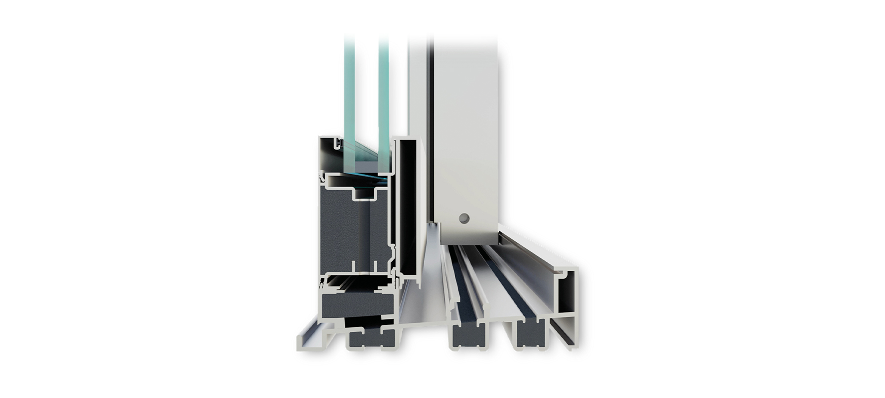 A double-glazed window profile showing an aluminum frame with multiple thermal barrier cavities filled with Azon Azo-Core foam polyurethane thermal barrier.