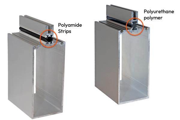 Two aluminum window frame extrusions, one thermal barrier cavity contains a Polyamide strip with a hollow center and the other is completely encapsulated with an Azon polyurethane polymer.